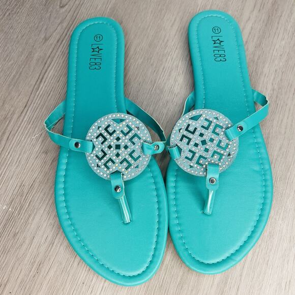 Love 83 Teal Women’s Flat Sandal Flip Flop With Rhinestones Size 11 - Picture 3 of 7